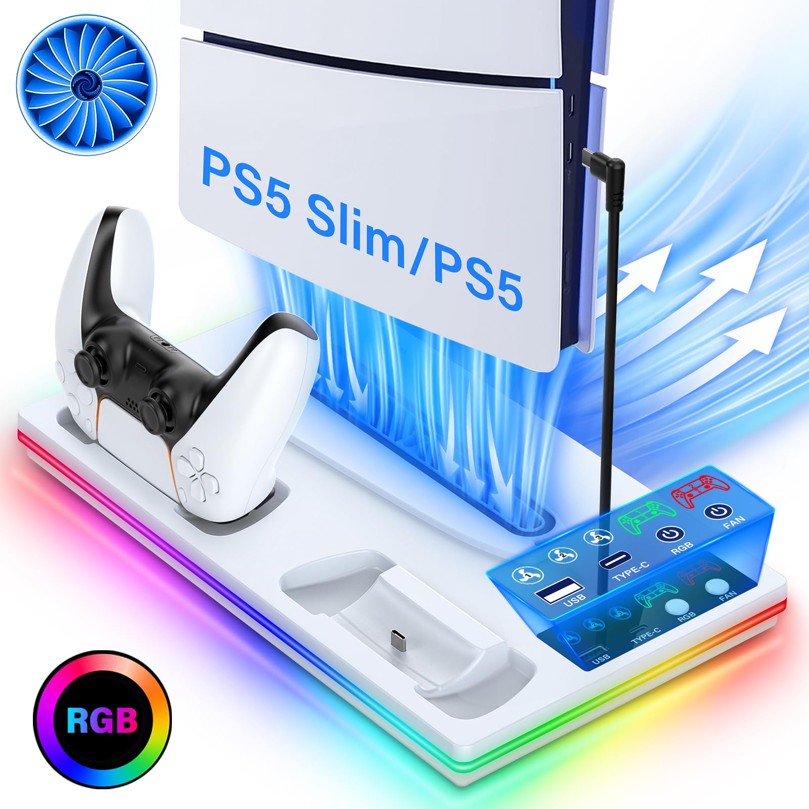 PS5 PRO/PS5 slim/PS5主机带RGB灯光散热底座PS5手柄充电座配件